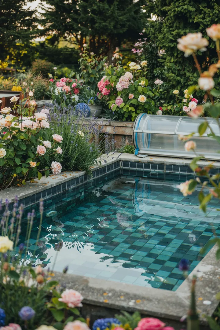 Ein idyllischer Garten mit einem kleinen Wasserbecken, umgeben von grünen Pflanzen und bunten Blumen, ideal für entspannende Sommermomente.