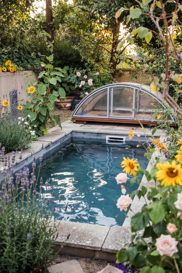 Eine schützende Abdeckung für einen Gartenpool, die das Wasser sauber hält und die Schönheit der Außenanlage ergänzt.