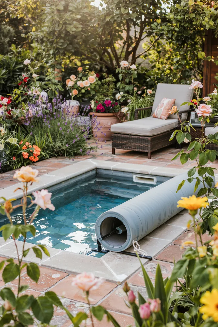 Idyllische Außenanlage mit einem kleinen Wasserbecken, umgeben von einer einladenden Terrasse für entspannte Stunden im Freien.