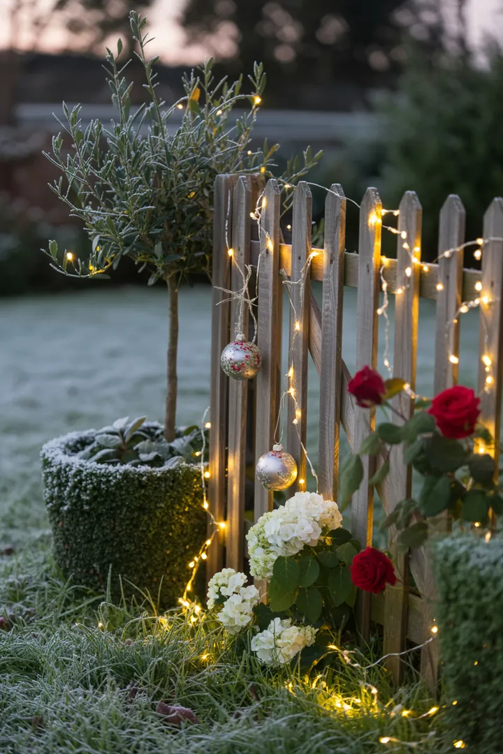 "Stimmungsvolle Außenbeleuchtung in einem festlich dekorierten Garten, inspiriert von kreativen Ideen für winterliche Lichtakzente."