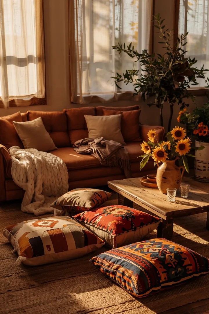 Gemütlicher Rückzugsort mit großen, weichen Kissen auf dem Boden, ideal für entspannte Stunden im modernen Wohnbereich.