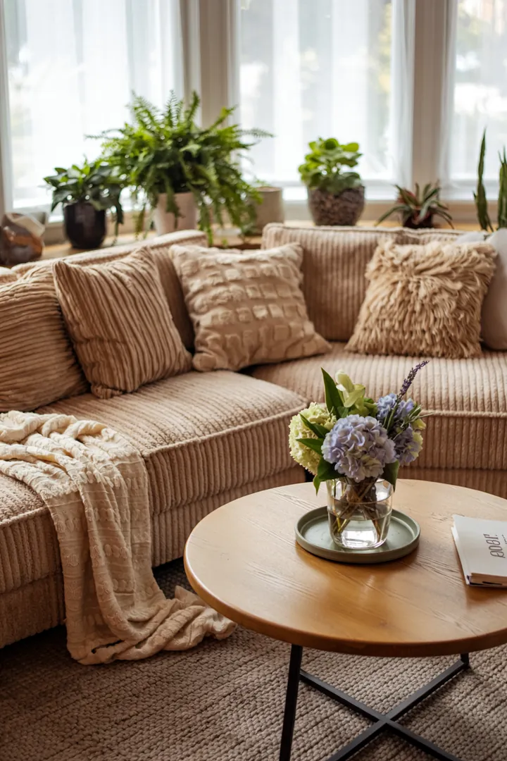 Ein stilvolles Wohnzimmer mit einem gemütlichen, beigen Sofa und warmen Decken, das einladende Atmosphäre und kreative Gestaltungsideen vermittelt.