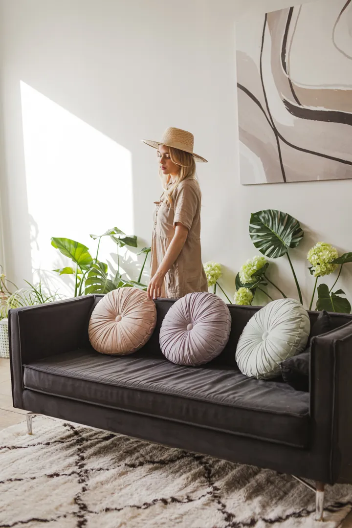 Ein stilvolles Wohnzimmer mit einer eleganten grauen Couch, harmonisch kombiniert mit warmen Tönen und natürlichen Elementen für inspirierende Wohnideen.