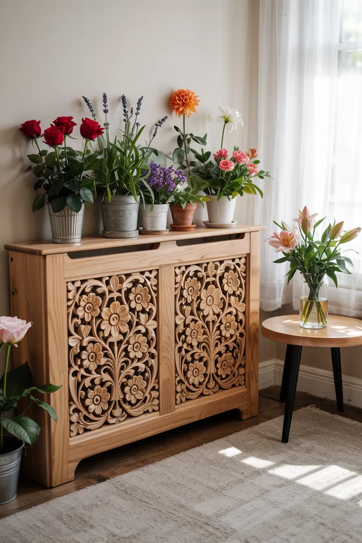 Ein stilvolles Raumdesign, das eine innovative Lösung zur Verkleidung von Heizkörpern zeigt, um die Heizung geschickt zu verstecken und gleichzeitig den Wohnraum ästhetisch aufzuwerten.