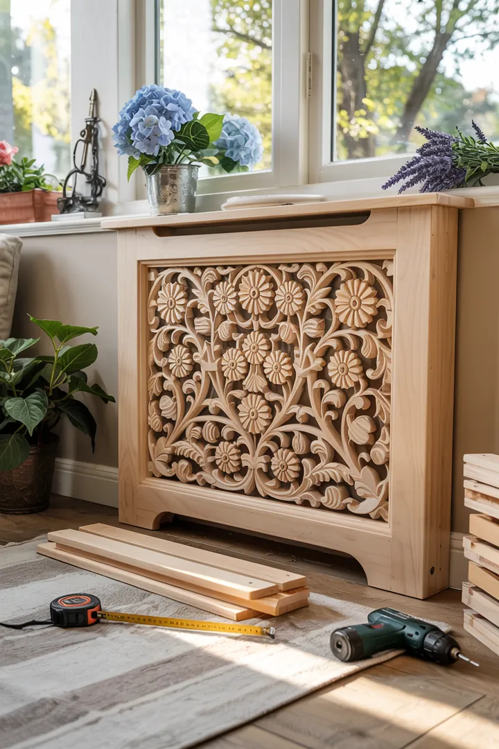 Ein stilvoll gestalteter Raum mit kreativen Lösungen, um Heizkörper und Rohre elegant zu verbergen und die Wohnästhetik zu verbessern.