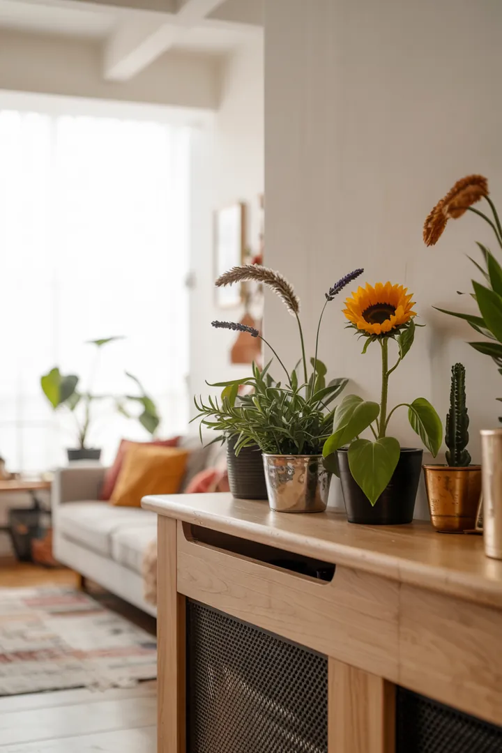 Ein stilvolles Möbelstück, das geschickt Heizungsrohre verbirgt und gleichzeitig zusätzlichen Stauraum bietet, ideal für eine moderne Inneneinrichtung.