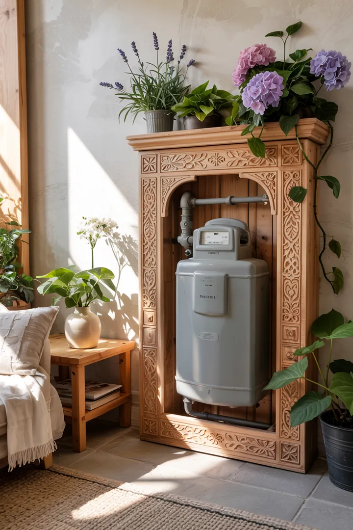 Ein stilvolles Möbelstück, das geschickt Heizungsrohre kaschiert und einen Gaszähler in einer dekorativen Abdeckung verbirgt, ideal für ein modernes Interieur.