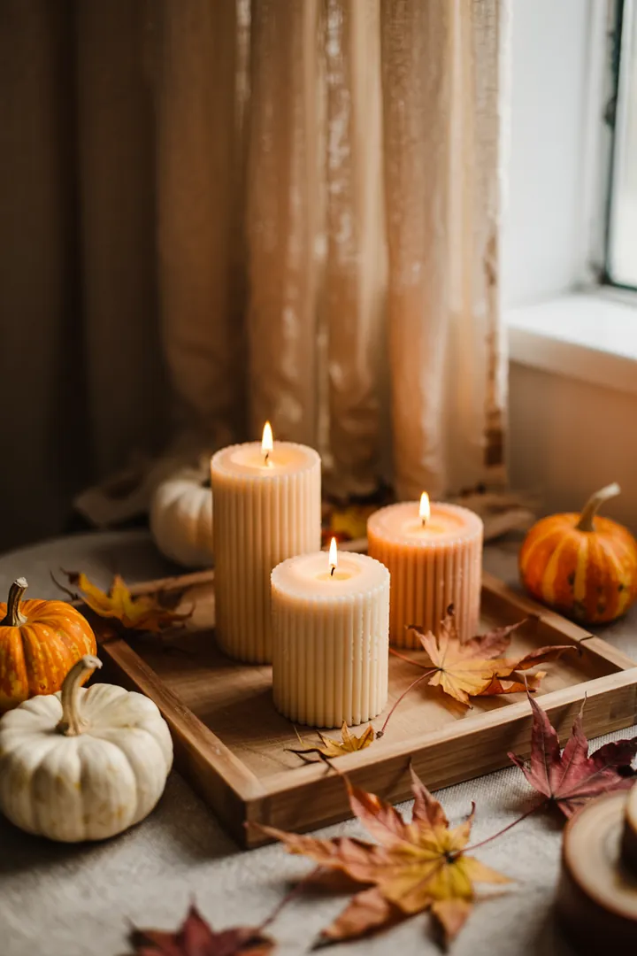 „Elegante Innenraumgestaltung mit warmen Farben und natürlichen Materialien für eine stilvolle Herbststimmung und kreative Dekoideen.“