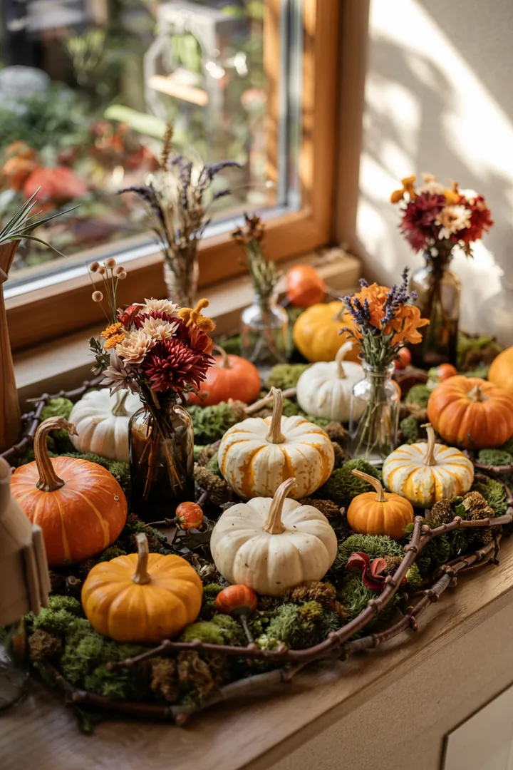 Ein stilvolles Arrangement auf einem Möbelstück, das natürliche Materialien und sanfte Farben kombiniert, ideal für eine minimalistische Herbstdekoration.