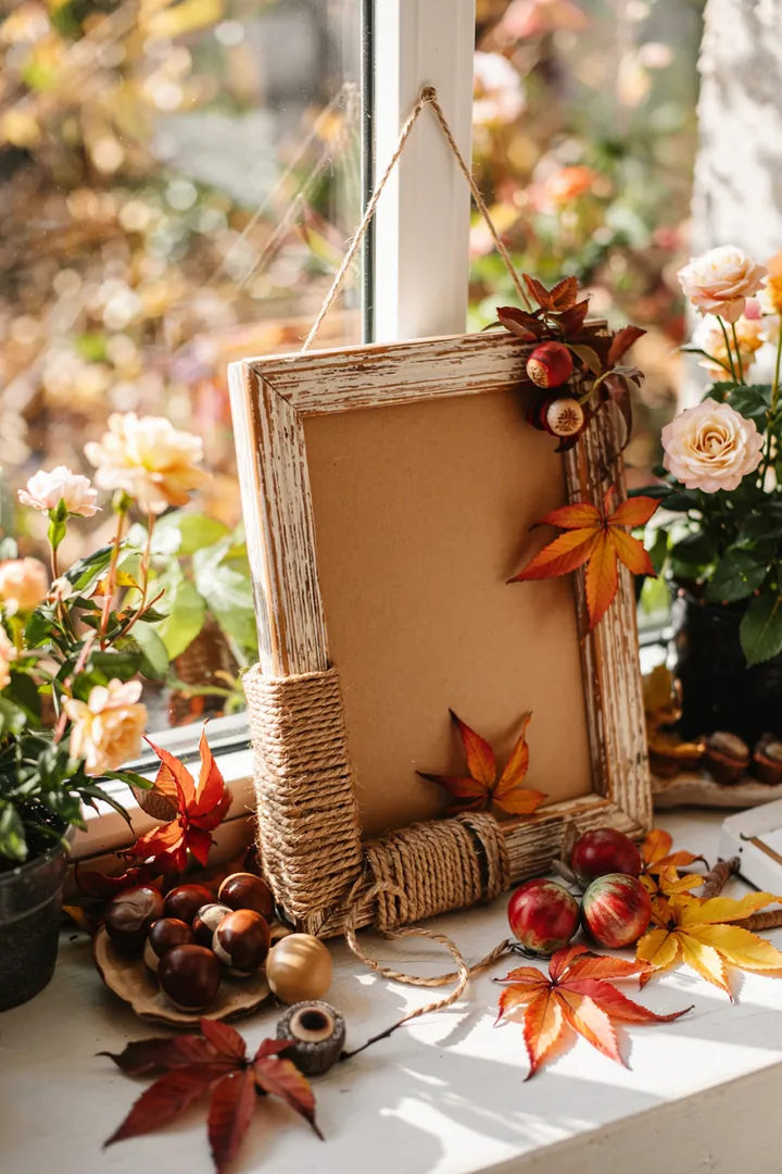 Eine stilvolle, schlichte Dekoration für die Herbstsaison, die natürliche Elemente wie Blätter und Holz integriert, schafft eine warme Atmosphäre.