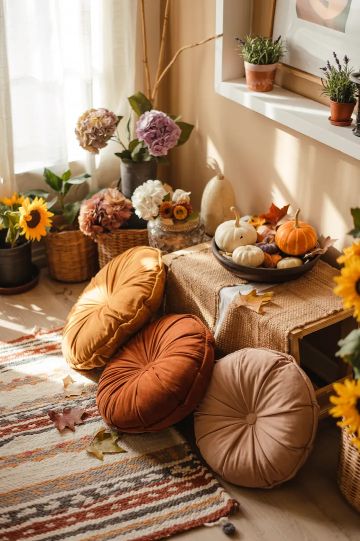 Bunte herbstliche Arrangements auf einer Fensterbank, die kreative Dekoideen und Inspirationen für eine stimmungsvolle Herbstdekoration bieten.