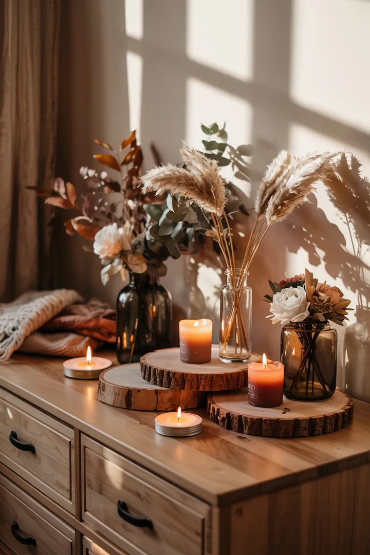 Bunte Blätter, kleine Kürbisse und Zweige schmücken eine gemütliche Fensterbank und bringen die Farben des Herbstes ins Heim.