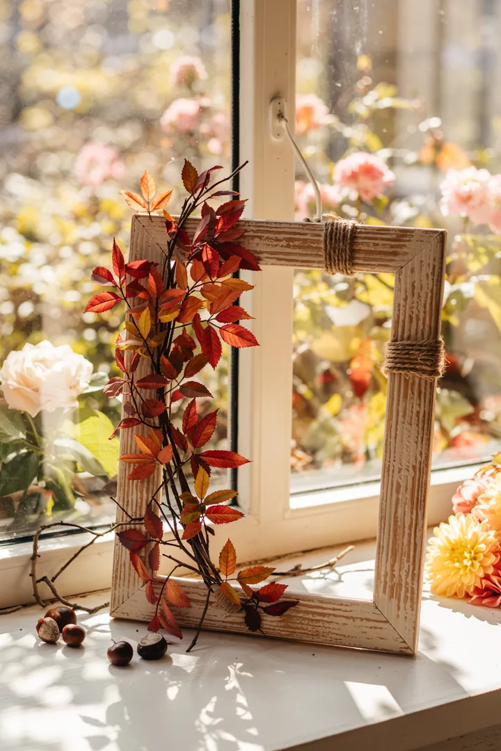 Ein stilvolles Arrangement aus warmen Farben und natürlichen Elementen, das die Fensterbank für die Herbstsaison dekoriert und kreative Inspirationen bietet.