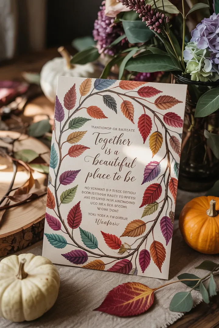 Elegante Tischgestaltung für eine herbstliche Feier, geschmückt mit natürlichen Elementen und warmen Farben, ideal für romantische Hochzeitsfeiern.