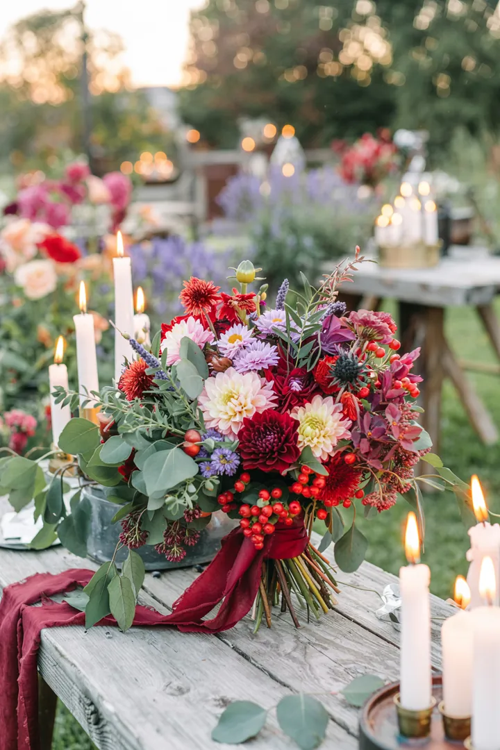 Elegante florale Arrangements in warmen Erdtönen, ideal für eine romantische Feier in der kühlen Jahreszeit, inspiriert von natürlichen Elementen.