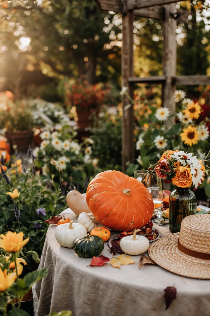Elegante herbstliche Dekoration für eine Feier im Oktober, mit natürlichen Elementen und stilvollen Akzenten für eine unvergessliche Hochzeit.
