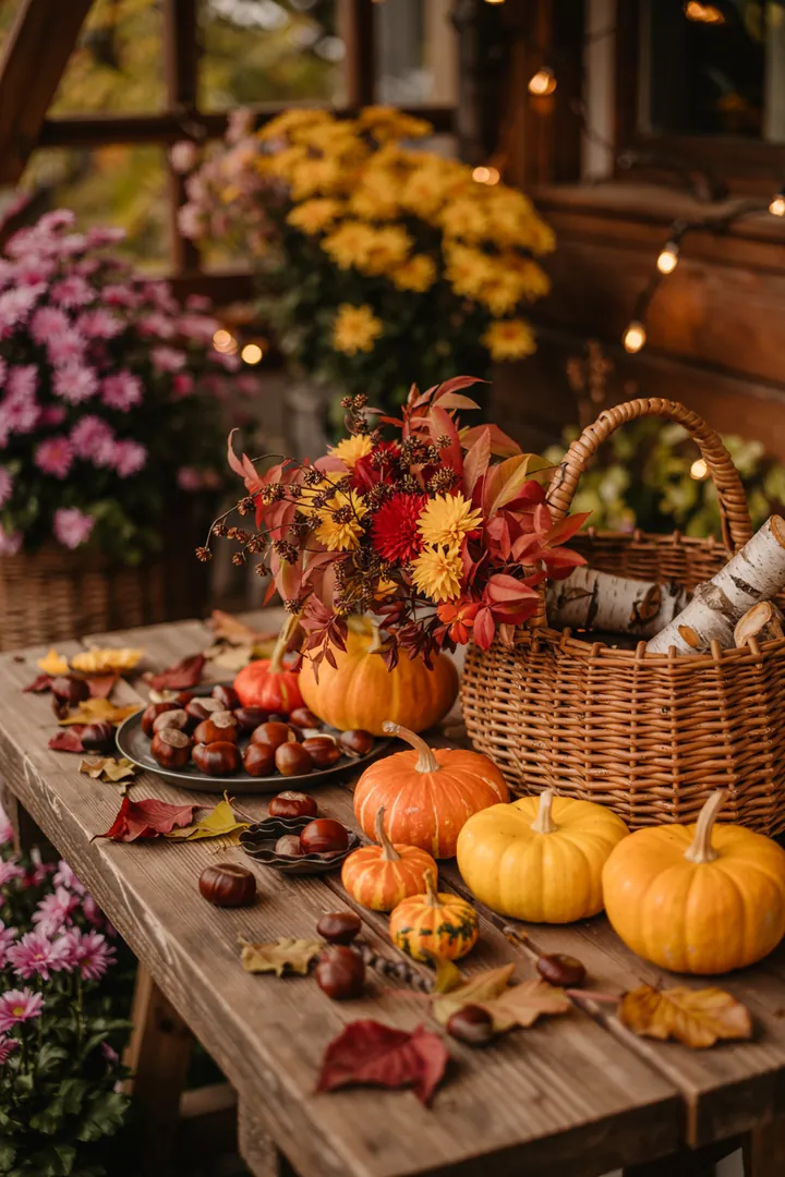 Ein stilvolles Arrangement auf einer mehrstöckigen Präsentationsfläche, geschmückt mit herbstlichen Elementen und einer laternenförmigen Beleuchtung, die eine warme Atmosphäre schafft.