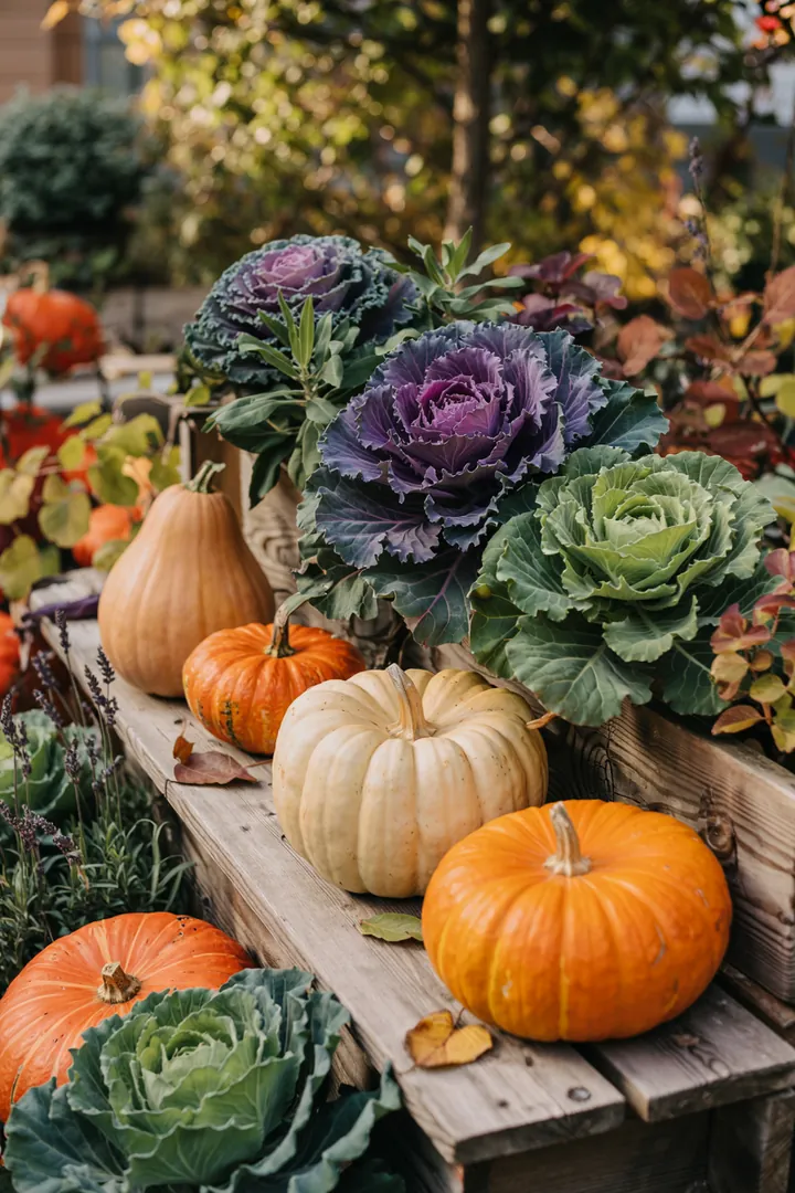Bunte Pflanzenarrangements mit dekorativen Blättern in herbstlichen Farben, die als stilvolle Außenverzierung dienen. Perfekt für herbstliche Gartenideen.