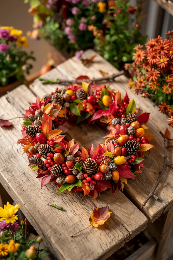 Ein dekorativer Kranz aus bunten Blättern und natürlichen Elementen, der die Schönheit der Herbstsaison einfängt. Ideal für eine herbstliche Atmosphäre.