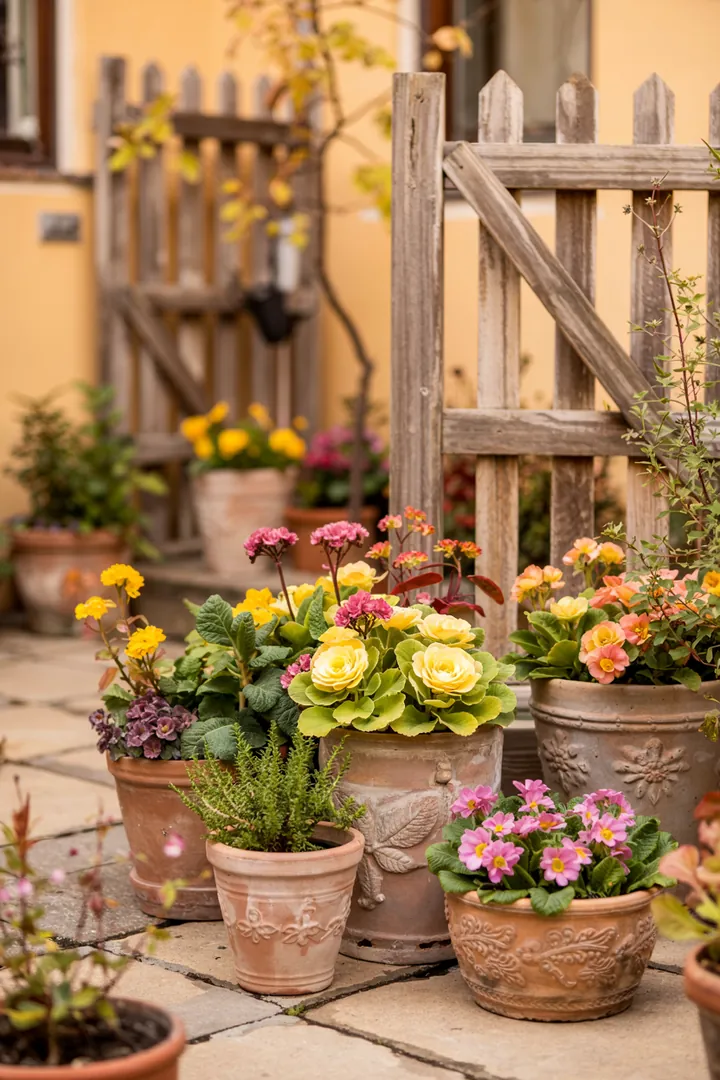 Bunte Herbstdekoration mit vielfältigen Pflanzen, darunter Sukkulenten und blühende Primeln, perfekt für die herbstliche Gestaltung von Gärten und Terrassen.