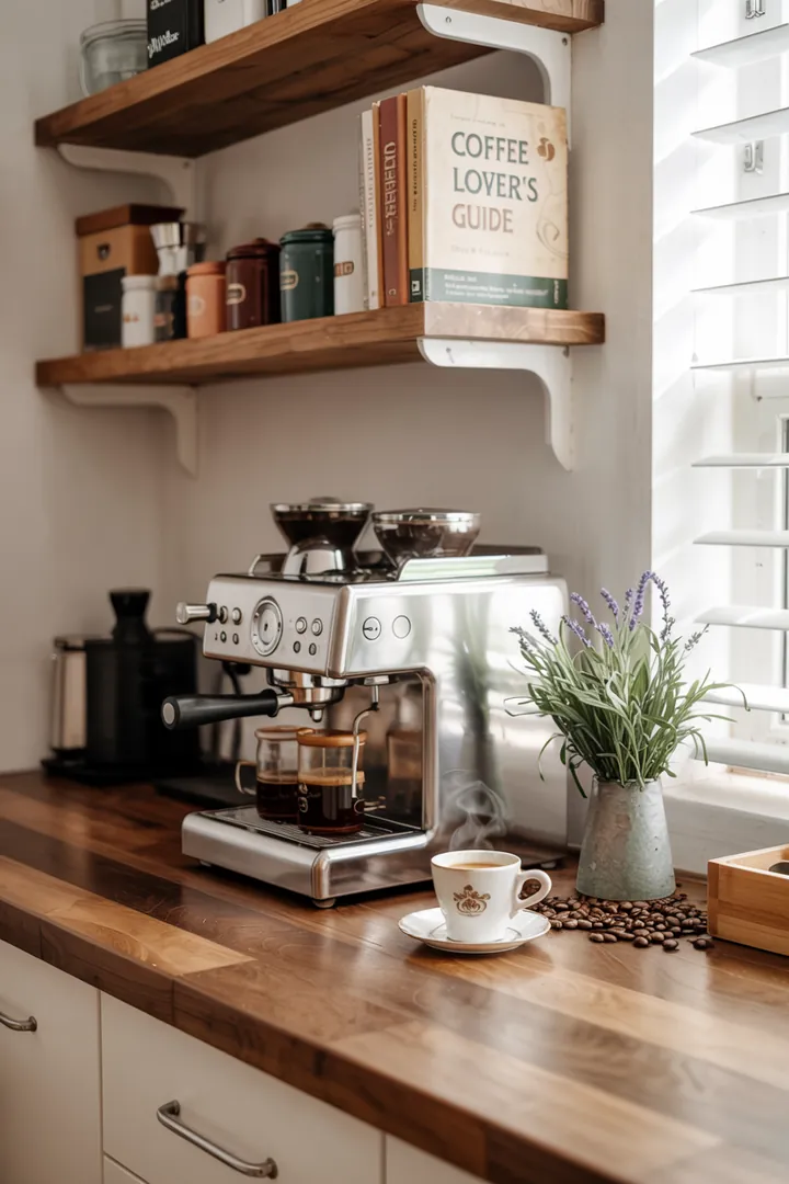 Eine stilvolle Küchenecke mit einer modernen Brüheinheit, umgeben von warmen Farben und gemütlichen Accessoires für entspannte Kaffeepausen.