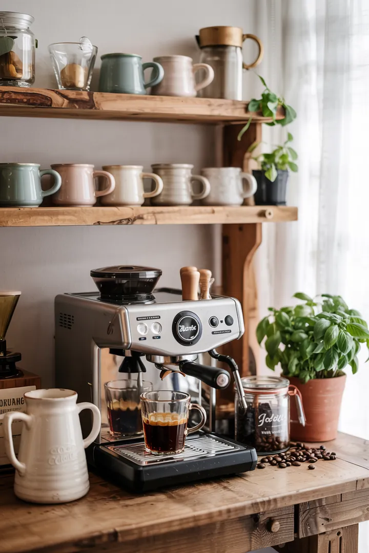 Elegantes Küchenelement im modernen Design, das als stilvolle Kaffeebar dient und optimalen Stauraum bietet. Ideal für ein gemütliches Ambiente.