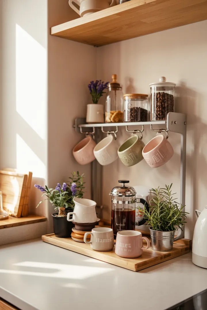 Ein stilvolles Setup mit einer eleganten Kaffeetheke und einem modernen Kaffeefilterhalter, der die Zubereitung frisch gebrühten Kaffees erleichtert.