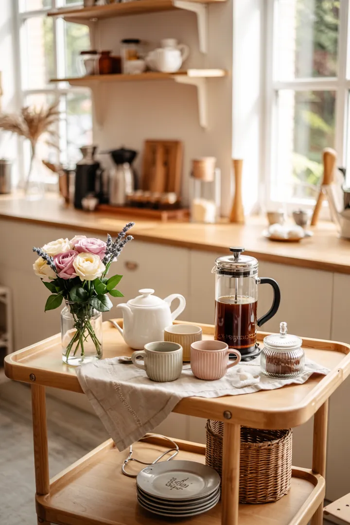 Eleganter Servierwagen in einem stilvollen Wohnzimmer, der als Kaffeebar dient und eine gemütliche Atmosphäre schafft. Ideal für gesellige Runden.