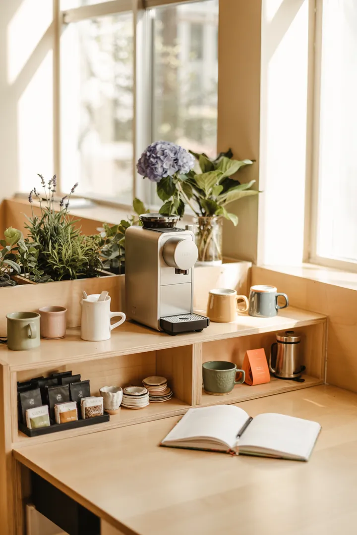 Gemütlicher Bereich in der Küche mit einer eleganten Maschine für die Zubereitung von aromatischem Getränk, ideal für entspannte Momente.