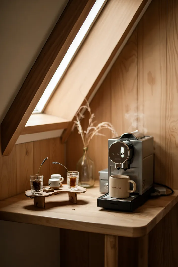 "Ein einladendes, warmes Ambiente mit einem bequemen Sessel, einer kleinen Tischfläche und einer Auswahl an Getränken, perfekt für entspannende Momente."