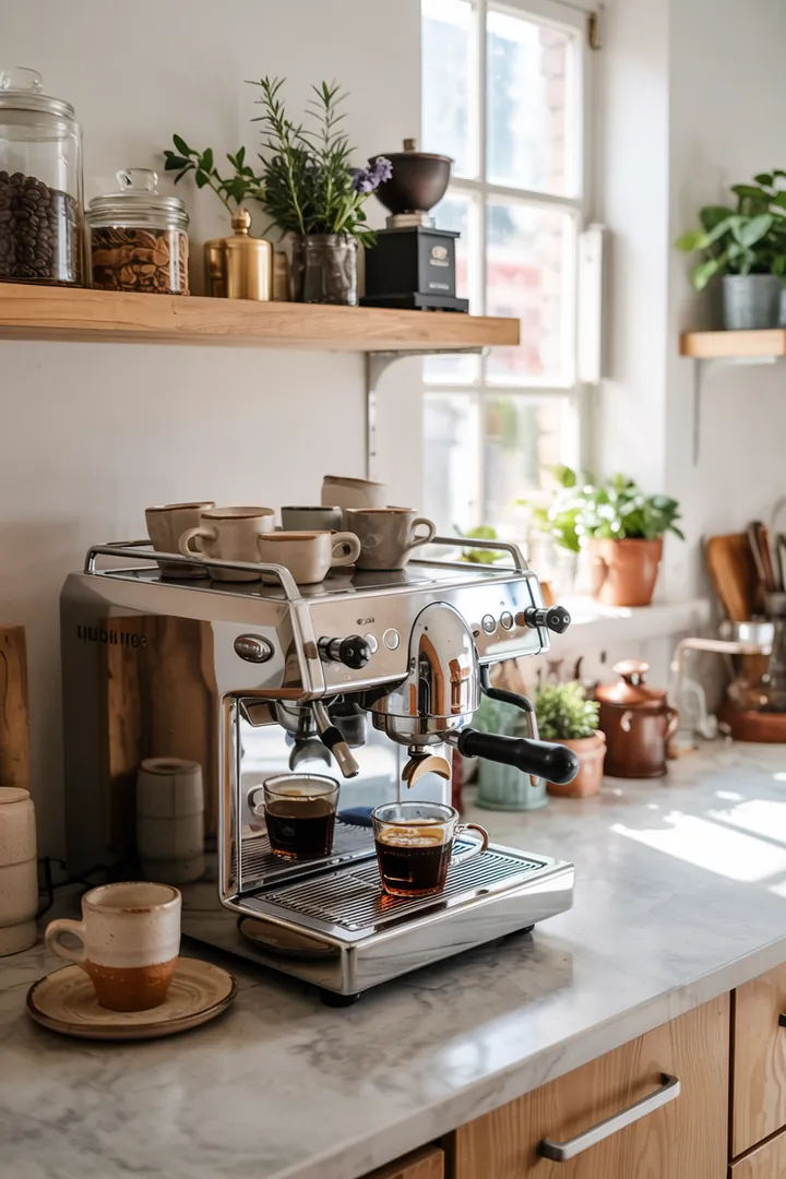 Stylische Kücheneinrichtung mit eleganter Maschine für Kaffeezubereitung, umgeben von offenen Regalen und modernen Dekorationsideen.