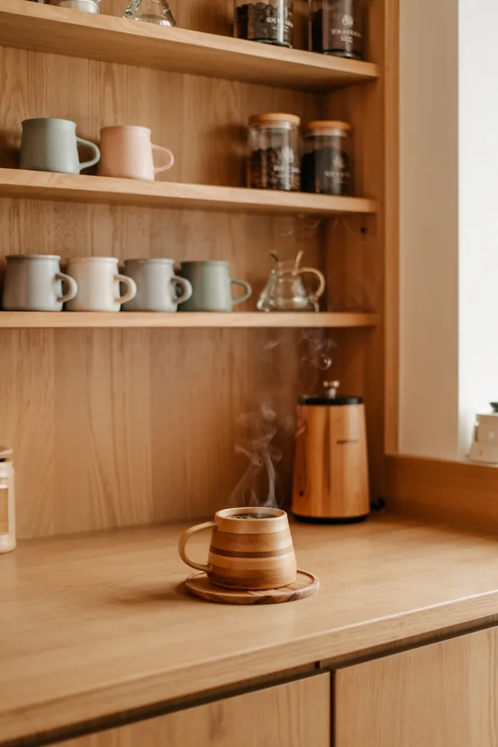 Ein stilvolles Regal aus Holz präsentiert verschiedene edle Tassen, während frisch geröstete Bohnen neben einem dampfenden Getränk für aromatischen Genuss sorgen.