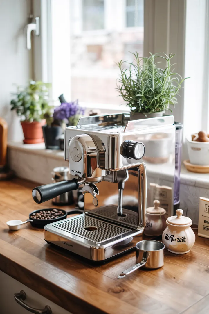 Ein elegantes Setup in einer Kaffeebar, das eine hochwertige Espressomaschine mit einem Siebträger zeigt, um köstlichen Kaffee zuzubereiten.