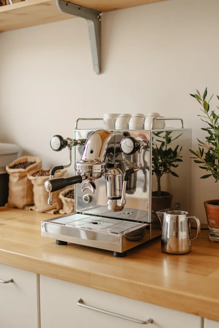 Eine elegante Espressomaschine in einer modernen Küchenumgebung, ideal für Kaffeeliebhaber, die Wert auf perfekten Genuss legen.