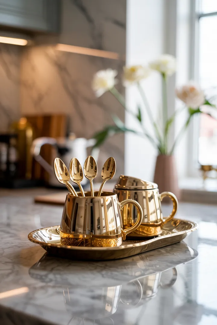 Elegante Anordnung eines modernen Tassenregals mit stilvollen Behältern, ideal für eine gemütliche Espresso Bar und inspirierende Küchen Deko Ideen.