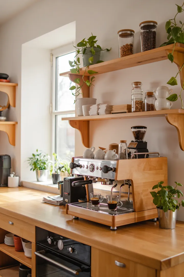 Ein stilvoller Bereich in der Küche mit einem liebevoll gestalteten Kaffeewagen, der eine einladende Barista-Ecke schafft und Kaffeezubereitung zum Erlebnis macht.