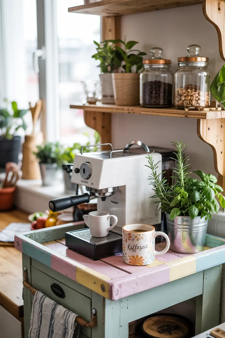 „Gemütliche DIY-Kaffeebar mit rustikalen Holzelementen und stilvollen Accessoires, ideal für eine einladende Kaffeeküche.“
