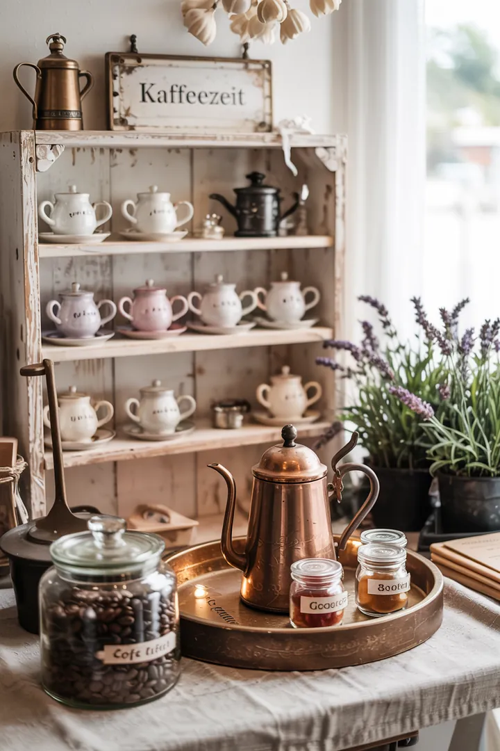 Ein einladender Teebereich in einer gemütlichen Küche, ausgestattet mit handgefertigten, rustikalen Tassen auf einem Holztisch, umgeben von warmen Farben und natürlichen Materialien.