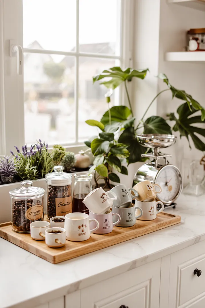 Ein einladender Bereich zum Kaffeezubereiten in einer modernen Kochumgebung, mit einem stilvollen Regal für Tassen und Zubehör.