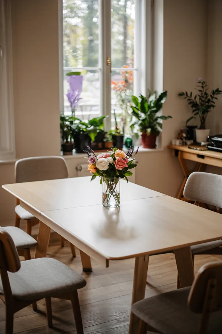 Ein stilvoller Essbereich mit einem kompakten Tisch und einem kreativen Regal als Raumteiler, das Wärme und Funktionalität vereint.