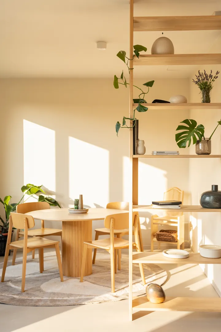 Moderne Kochlandschaft mit einer eleganten freistehenden Fläche, umgeben von großen Fenstern, die das Ambiente erhellen.