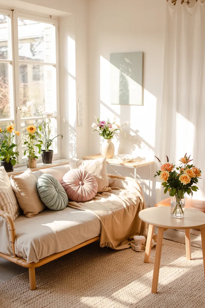 Ein harmonisches Arrangement aus sanften Tönen und klaren Linien, das Ruhe und Einfachheit in einem modernen Raum vermittelt.