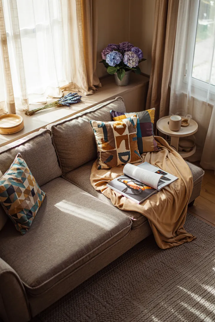 Ein stilvolles Möbelstück, das als praktisches Schlafmöbel und eleganter Raumteiler dient, bietet zusätzlichen Stauraum und schafft eine gemütliche Atmosphäre.