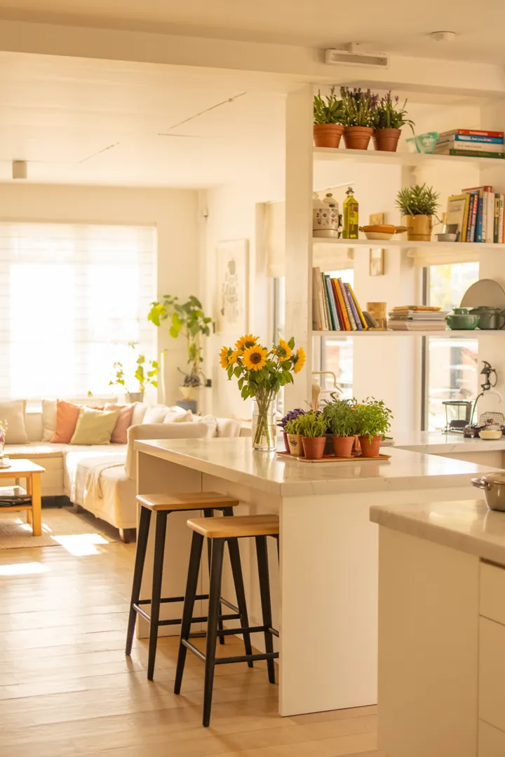 Ein einladender Raum mit clever gestalteten Möbeln, die Platz für Aufbewahrung bieten und vielseitige Sitzmöglichkeiten schaffen. Ideal für kreative Raumlösungen.