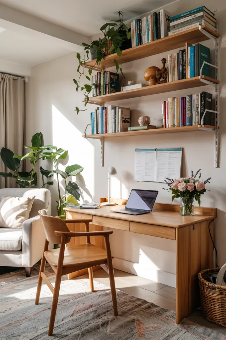 Ein stilvoller Arbeitsplatz im Wohnzimmer mit cleveren, platzsparenden Regalen für effiziente Homeoffice Lösungen.