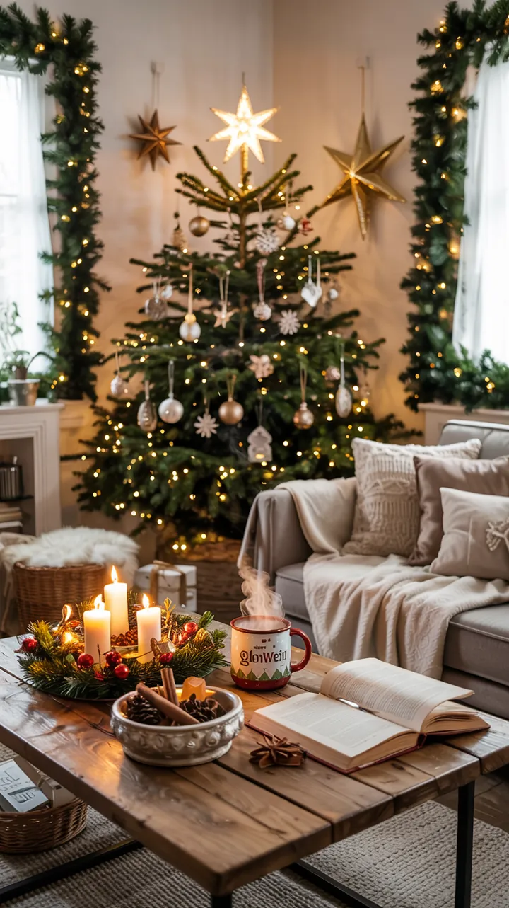 Wärmende Atmosphäre mit kuscheligen Textilien und winterlicher Einrichtung für eine gemütliche Hütte, ideal für die kalte Jahreszeit.