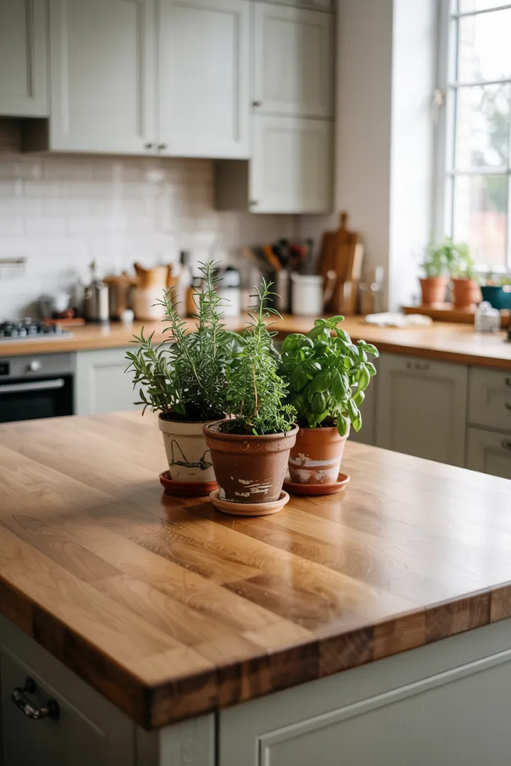 Ein stilvolles Kücheninterieur mit grauen Akzenten und natürlichen Eichenholzelementen, das moderne Eleganz und Gemütlichkeit vereint.