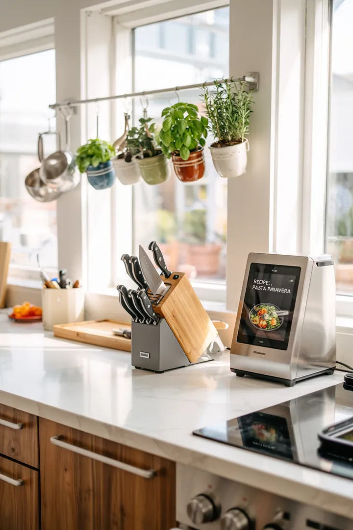 Ein stilvolles und funktionales Küchendesign mit innovativen Kochutensilien und cleveren Aufbewahrungslösungen für zeitgemäße Wohnräume.