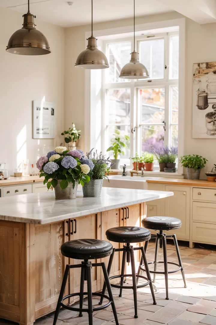 Helle und einladende Kochumgebung mit landhausstil-inspirierten Elementen, wo moderne und rustikale Designs harmonisch zusammenkommen.