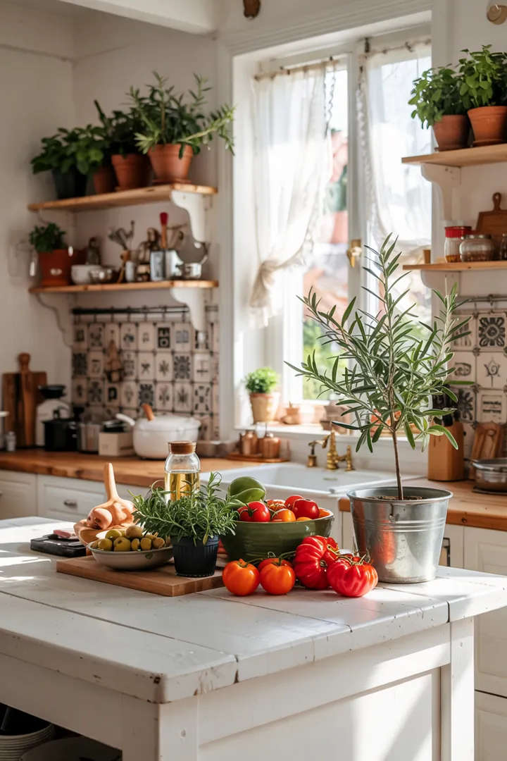 Hell erleuchteter Raum mit warmen Holzelementen, rustikalen Akzenten und eleganten weißen Möbeln, ideal für eine moderne Landhausküche.